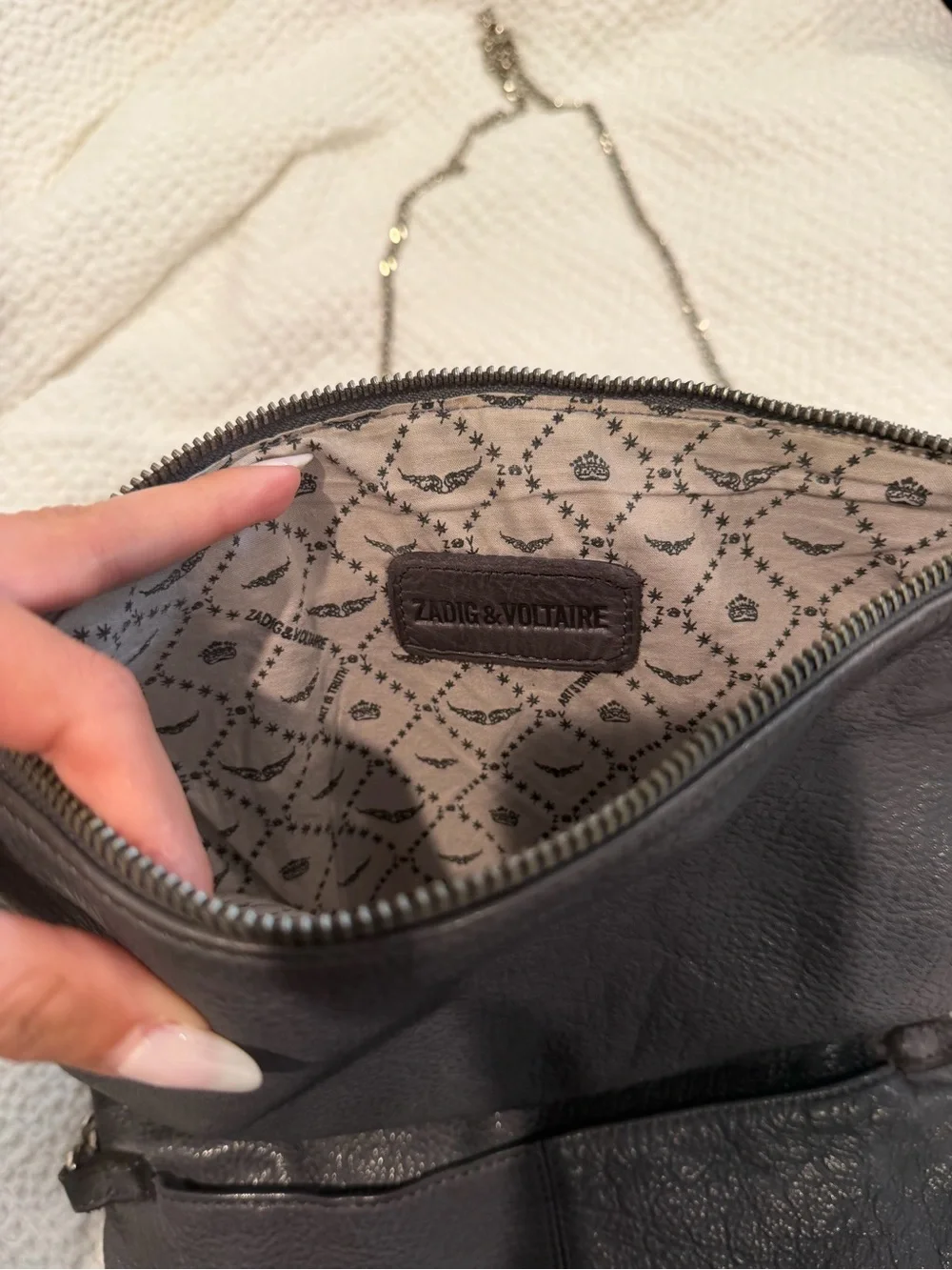 Zadig & Voltaire Rocky Gray Distressed Leather Foldover Chain Crossbody